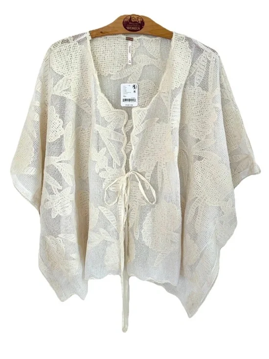 Free People Willow Floral Appliqué Detail Tie Front Cape Top NWT One Size - Picture 9 of 16